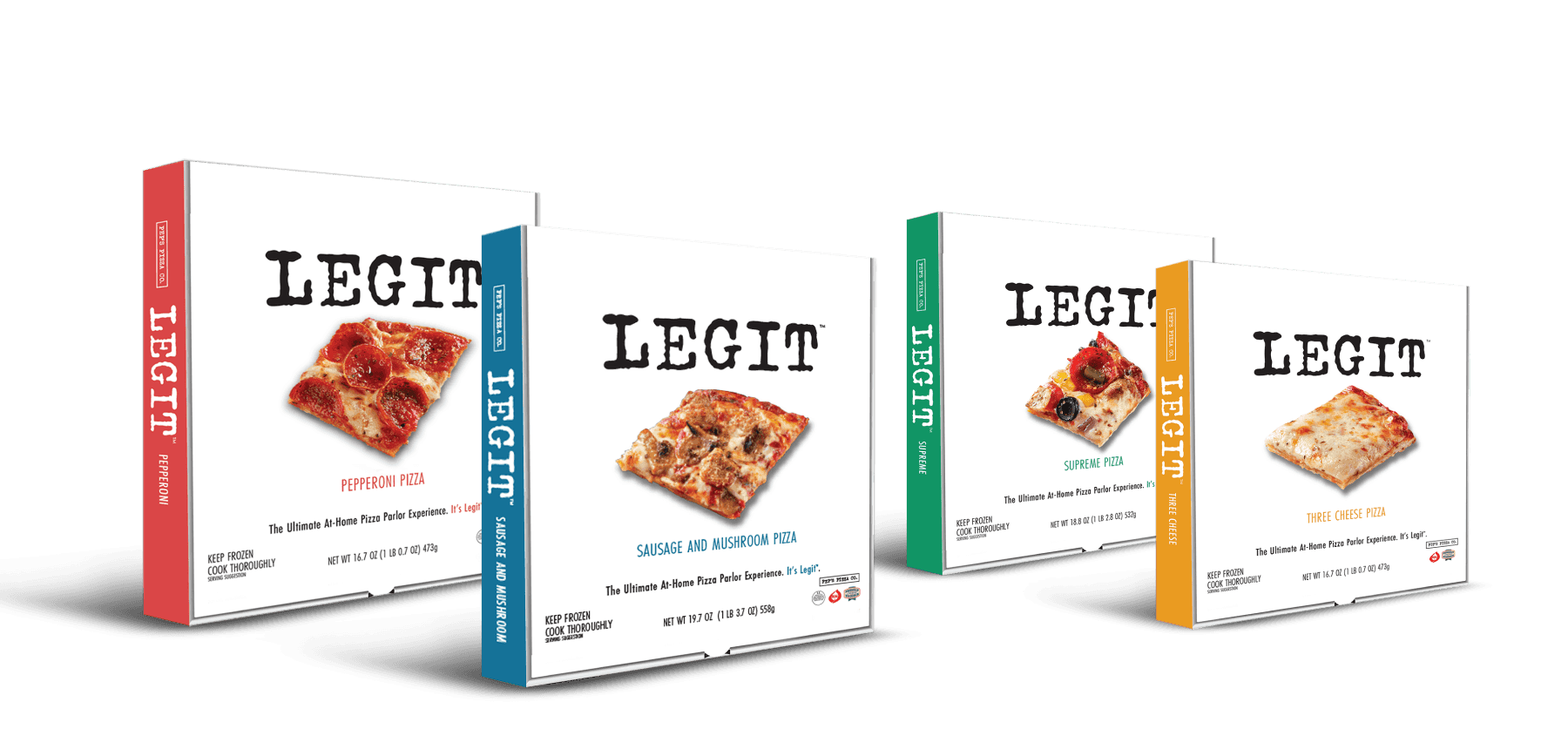 Four pizza boxes products lineup for Legit Pizza by Element